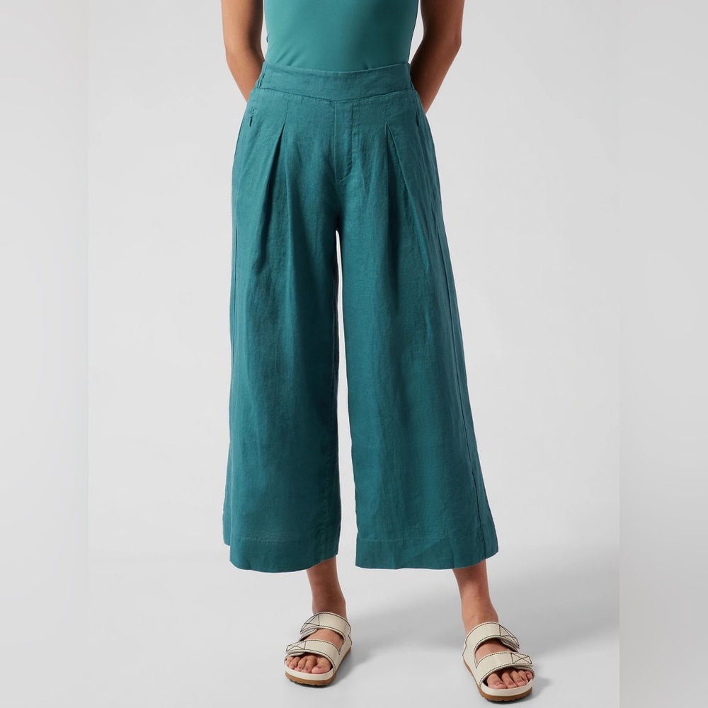 ATHLETA PLAYA LINEN WIDE CROP LEG PANTS TEAL